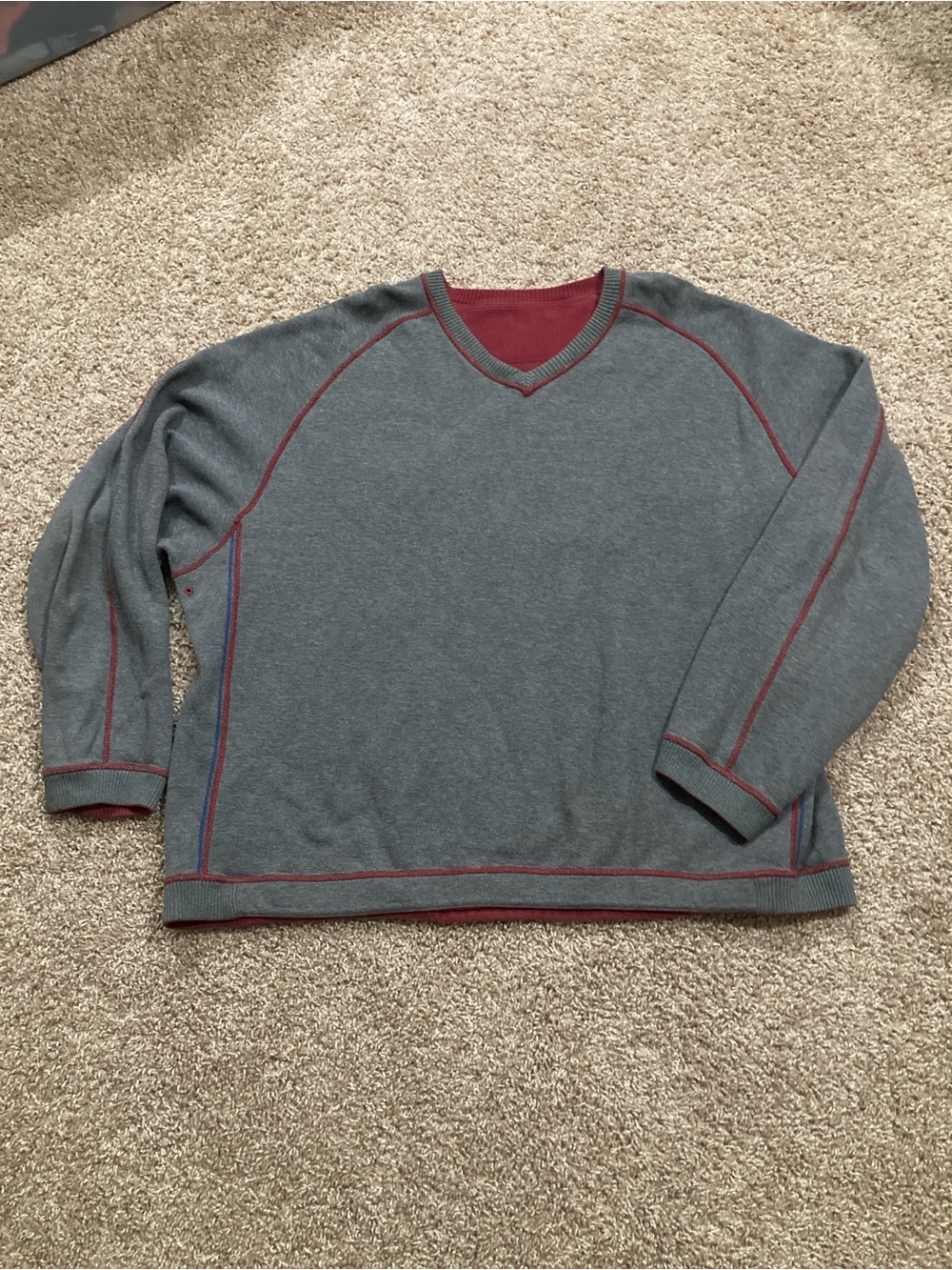 Tommy Bahama Men’s Gray & Brick Red REVERSIBLE Crewneck Sweater w/ Red+Blue Trim